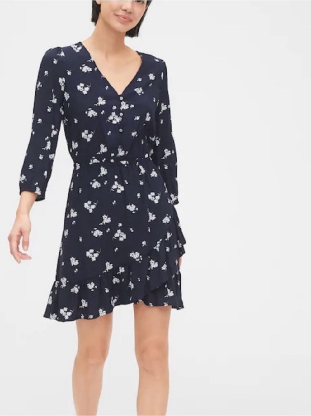 GAP Navy Floral V-Neck Ruffle Wrap Mini Dress